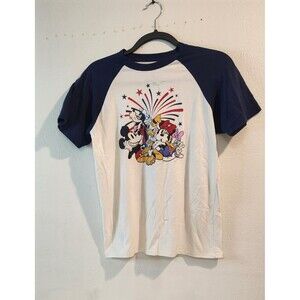 DISNEY CELEBRATE TOGETHER TSHIRT TOP BEIGE BLUE SLEEVES CHARACTERS FIREWORKS XL